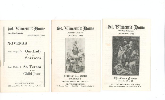 Lot Of 3 St. Vincents Home Monthly Calendar September October December 1948