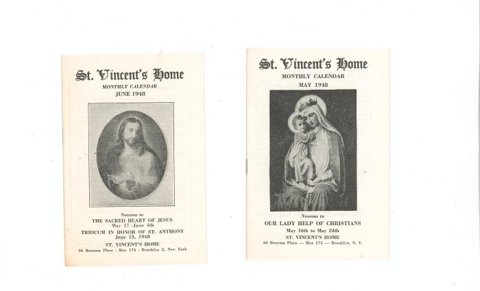 Lot Of 2 St. Vincents Home Monthly Calendar May June 1948