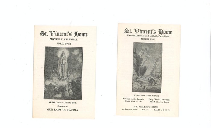 Lot Of 2 St. Vincents Home Monthly Calendar March April 1948