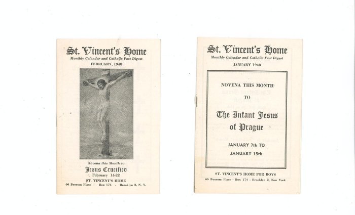 Lot Of 2 St. Vincents Home Monthly Calendar January February1948