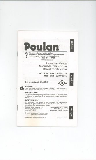 Poulan Owners Manual Models 1950 2025 2050 2075 2150 2155 2175 2350 2375 Not PDF