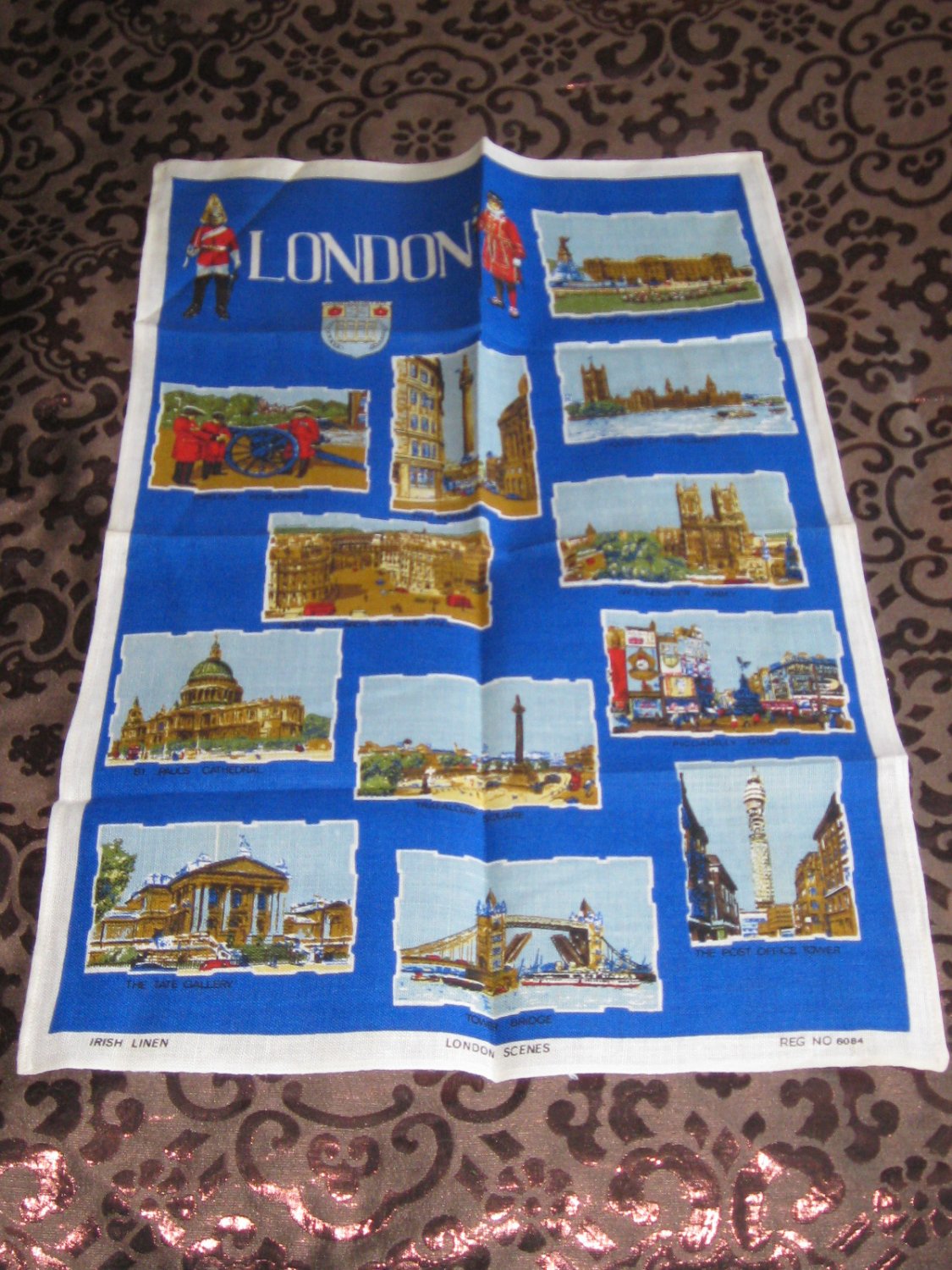Wonderful Souvenir London Scenes Tea Towel Irish Linen Reg Number 6084 Very Vibrant