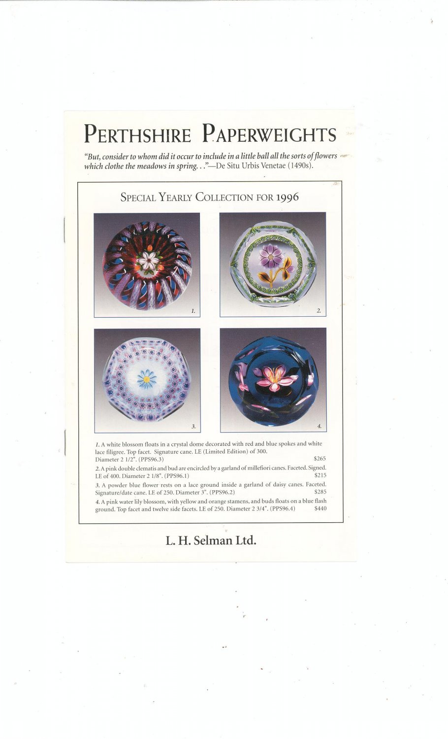 Perthshire Paperweights Special Yearly Collection For 1996 Catalog / Brochure by L. H. Selman Ltd.
