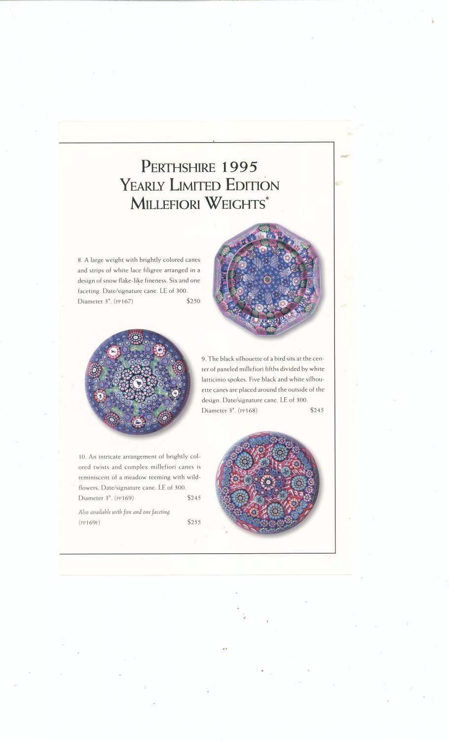 Perthshire Paperweights 1995 Yearly Ltd. Edition Millefiori Catalog / Brochure by L. H. Selman Ltd.