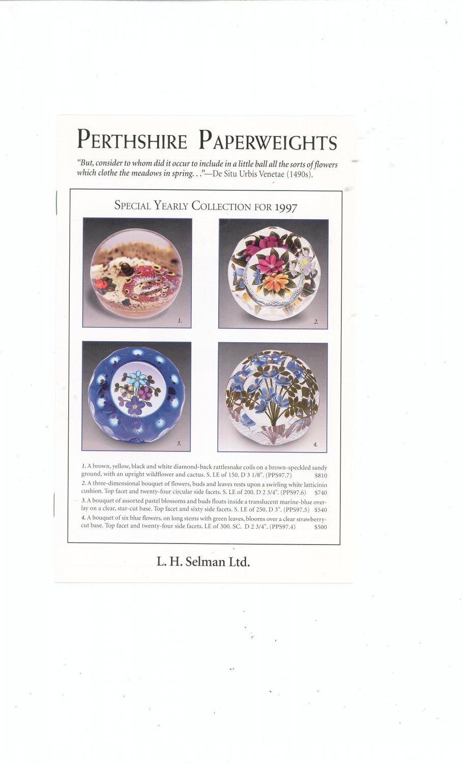 Perthshire Paperweights Special Yearly Collection For 1997 Catalog / Brochure by L. H. Selman Ltd.