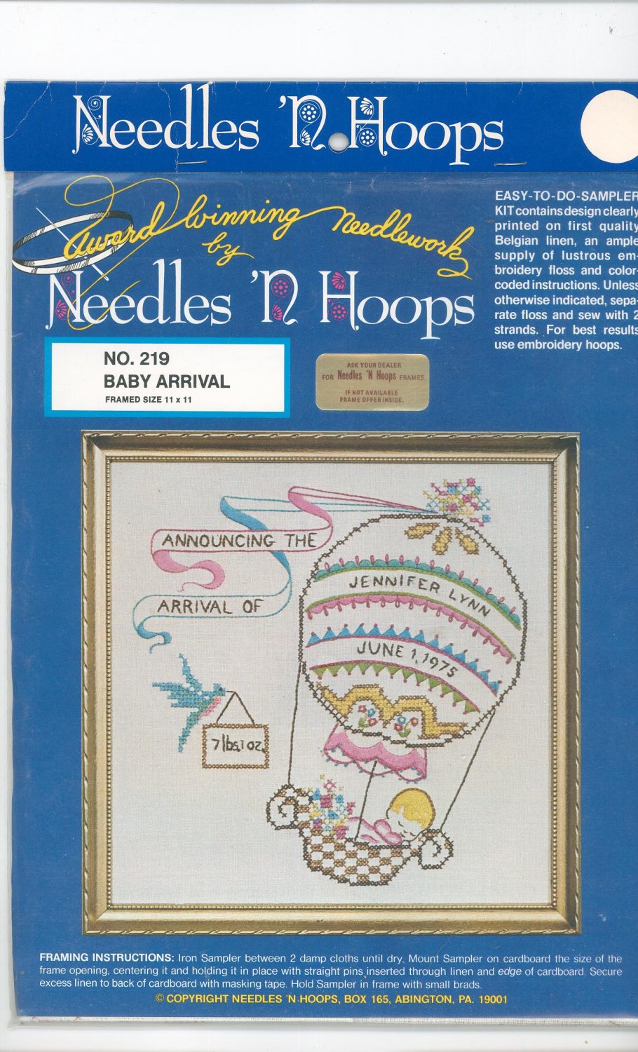 Baby Arrival Picture Kit Embroidery By Needles 'N Hoops Number 219