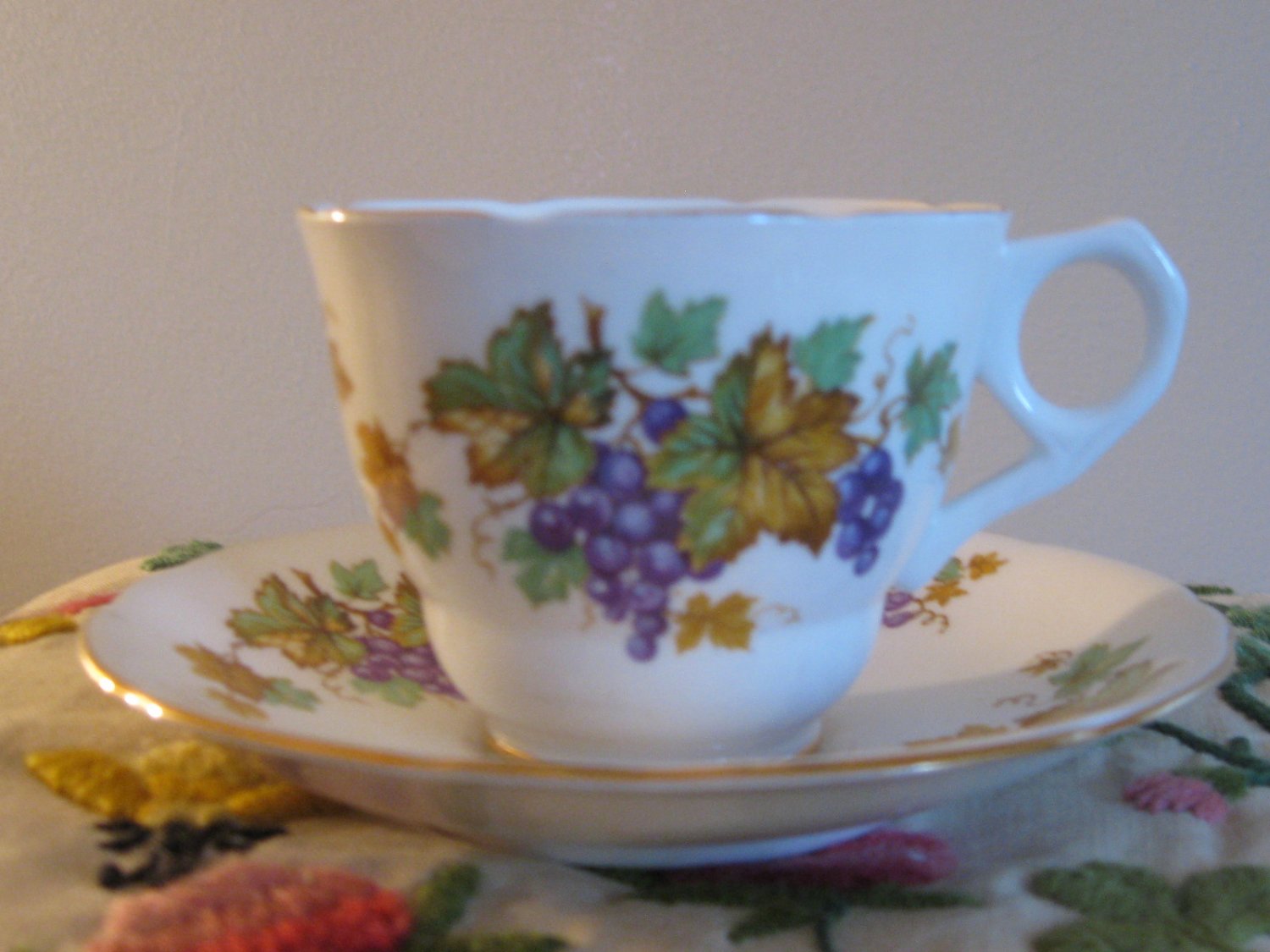 Oregon Grape Royal Stafford Cup & Saucer Bone China England Gold Trim