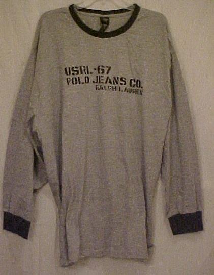 New Ralph Lauren Polo Jeans Gray Long Sleeve Aviator T-Shirt 2XL 2X Big Tall Mens Clothing 702031