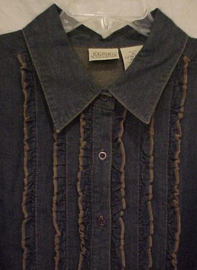 New Long Sleeve Blue Denim Ruffle Tuxedo Shirt Size 2X Plus Size Women 400171