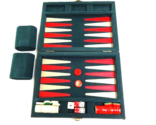 Vintage Compact Traditional British Style Backgammon 1950s or 1960s set - velvet and leather