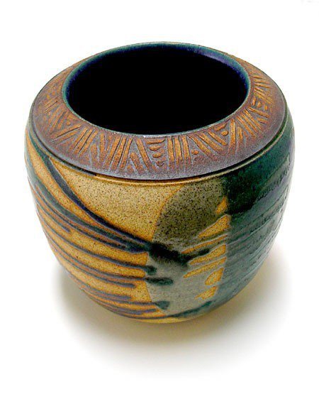 Retro Clay Pottery with Abstract Green and Blue Glazes, Local California Artisan.