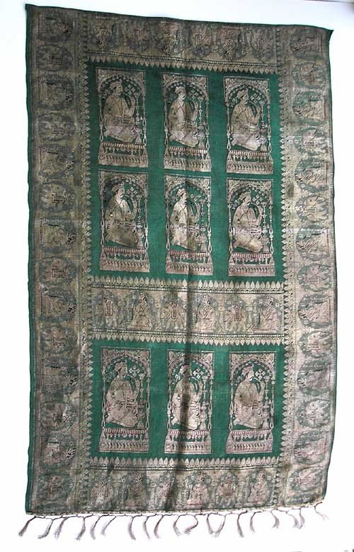 Wall Hanging Vintage Wall Art, Brocade Weaving, Varanasi India hand woven Art gold green, 1970s