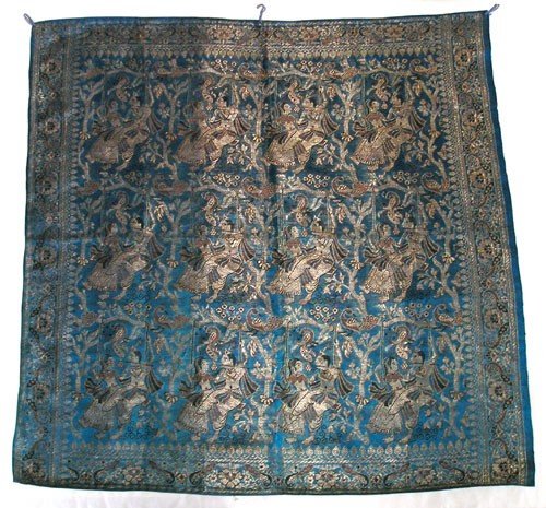 Varanasi Vintage Wall Hanging Art, Brocade Weaving, Handmade in India hand woven gold blue, 1970s