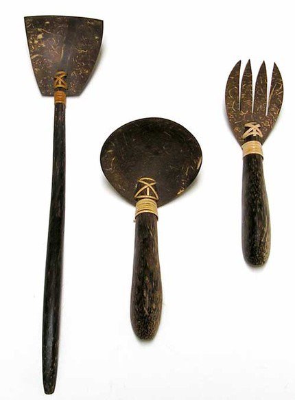 Vintage Decorative Kitchen utensils, Retro Indonesian, Hand Carved Rustic Utensils,