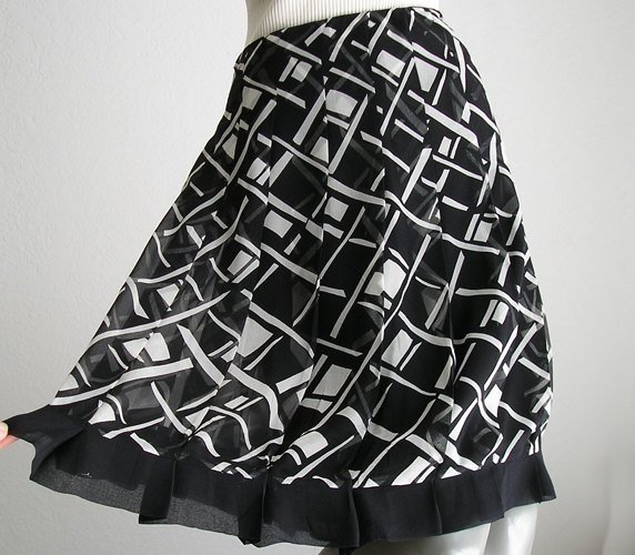Vintage Sheer Silk Chiffon Skirt Black White Retro Ice Brand, Pleated Silk Chiffon M 8