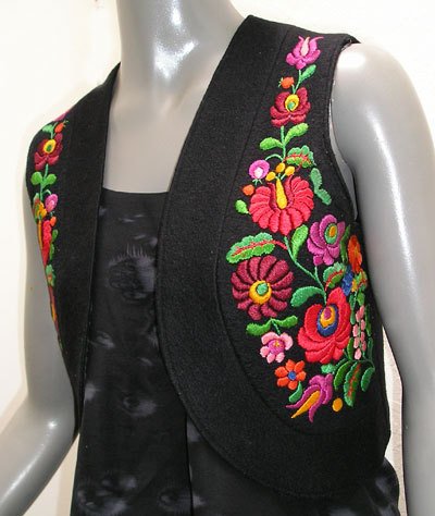 Hungarian Vest, Matyo Kalotaszeg Embroidery, Short Black Wool Vest hand embroidered, Ethnic 1970s.