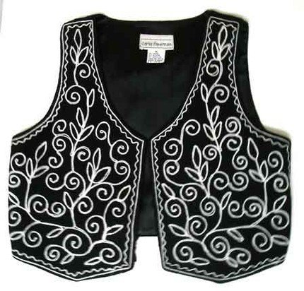 Black White Vest Wool White Embroidery, retro early 1980s. Designer Carla Freeman, Size M