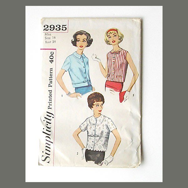 Vintage 1950s Blouse Pattern, Simplicity 2935, Size 13 Bust 34.