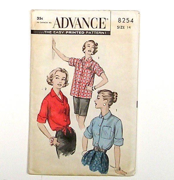 Vintage 1950s Authentic Blouse Shirt Women Pattern, Size 14, ADVANCE 9254
