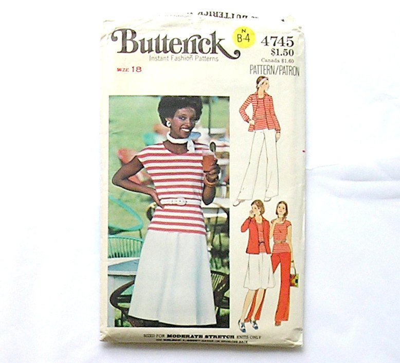 Butterick 4745 Sewing Pattern, Skirt Pants Misses Shirt t-Shirt Size 18, 1980's Fashion