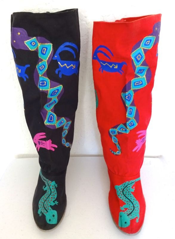 Boots Shoes Size 8.5 Vintage 1980 Hand Painted, Red Boot Black Boot, Xmas Stockings, One of a Kind