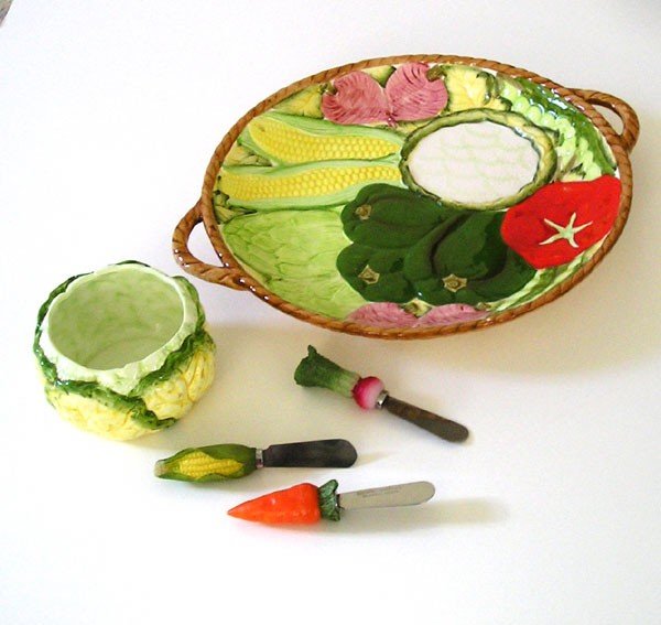 Serving Platter, Appetizer Set, Ceramic Porcelain, Retro Japan 1983, impressionistic, hand painted
