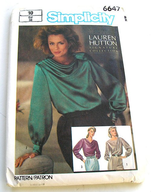 Simplicity 6647 Draped Tops Blouse Sewing Pattern Size 10 Euro 38, Lauren Hutton, 1984