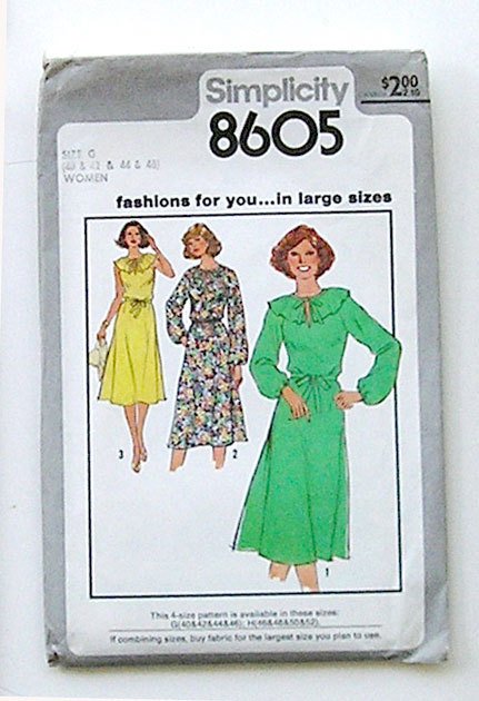 Dress Sewing Pattern Simplicity 8605 vintage - Size G (40, 42, 44, 46), late 1970's.