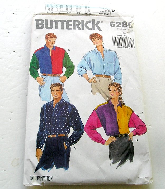 Vintage Retro Shirt Pattern Butterick 6285 L-XL, Men Women Shirt early 1990's.