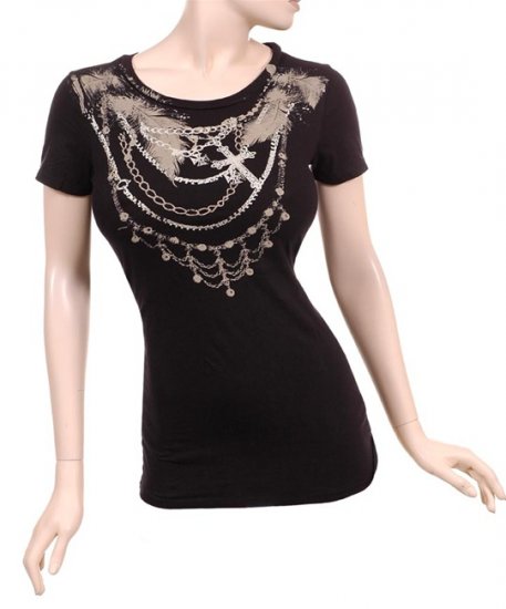 Black Feather Chain Bondage Graphic T-Shirt