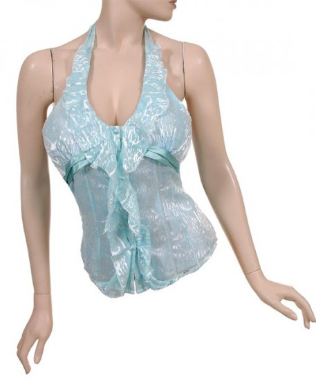 Ice Blue Silver White Shiny Silk Halter Elegant Ruffle Top