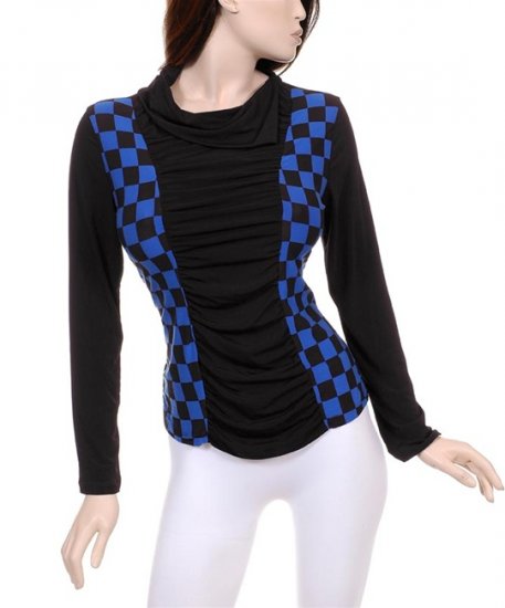 Longsleeve Black and Blue Checker Design Pullover Cowl Top