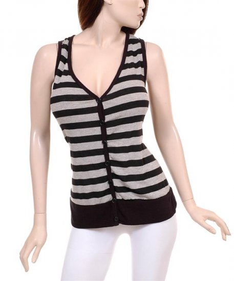 NEW Black and Grey Striped Stretchy Button Vest