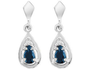 Blue Sapphire Pear Shaped Drop Earrings with Diamond in White Gold (2/3 inch