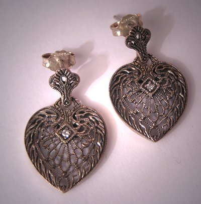 Estate Vintage Filigree Diamond Earrings Heart Art Deco