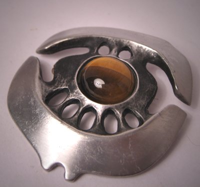 Signed Eivind Hillestad Brooch Pin Modernist Tigers Eye Pewter