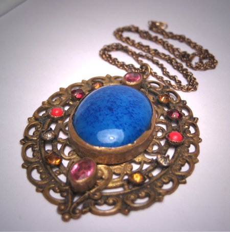 Antique Czech Lapis Paste Necklace Pendant Vintage Deco