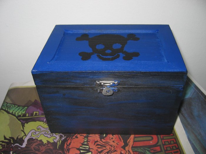 Black & Blue Punk Skull Pirate DIY Jewelery & Trinket Box w/ Key & Purple Lining