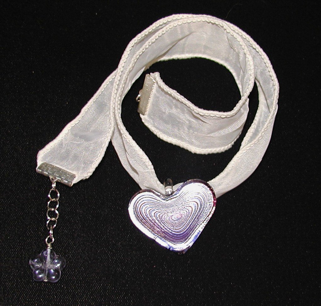 Glass Hearts Ribbon Necklace