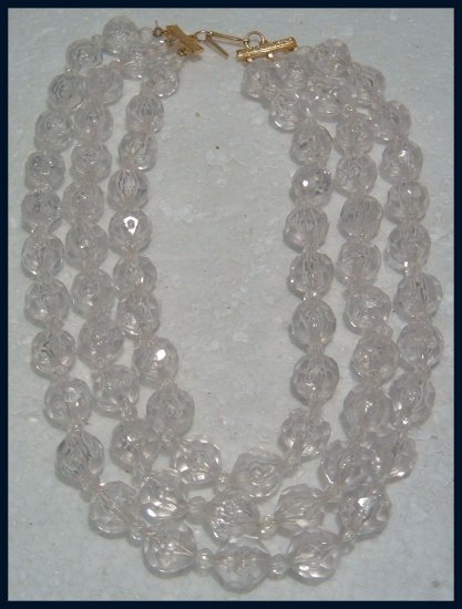 VINTAGE 1970s 3 STRAND CLEAR BEADED CHOKER NECKLACE NOS