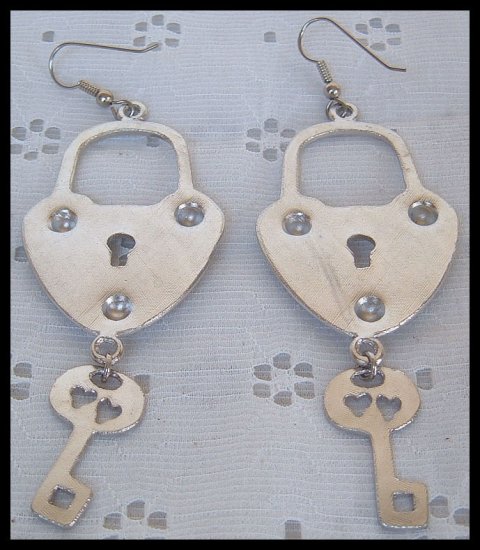 LOCK and KEY DANGLE SILVERTONE PIERCED EARRINGS 3.75"