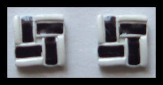 SQUARE BLACK & WHITE ENAMELED PIERCED EARRINGS .65" 1980s VINTAGE