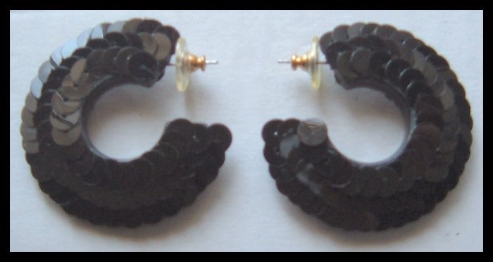 BLACK SEQUIN HOOP PIERCED EARRINGS 1.75" VINTAGE 80s