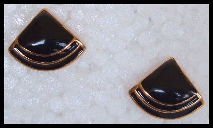 BLACK ENAMEL GOLDTONE HUGGIE PIERCED EARRINGS .75" NOS VINTAGE
