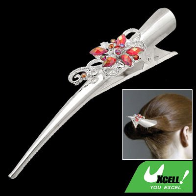 Silvery Metal Alligator Hair Clip w/ Rhinestone Flower