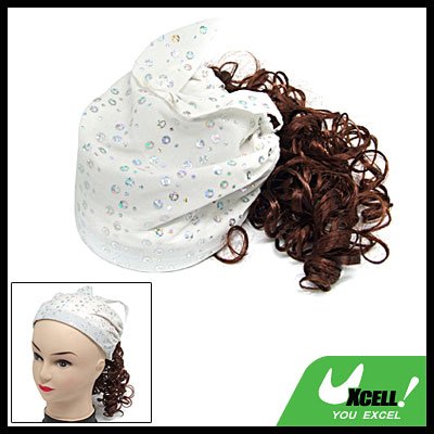 White Cap Hat with Brown Curly Hair Piece Wig for Girls