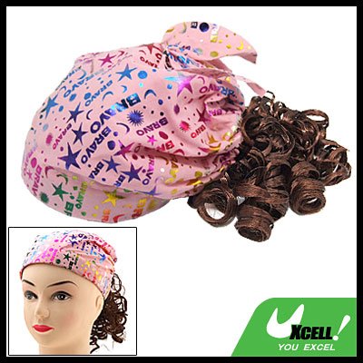 Girls Costume Brown Curly Wig Hairpiece Pink Cap Hat