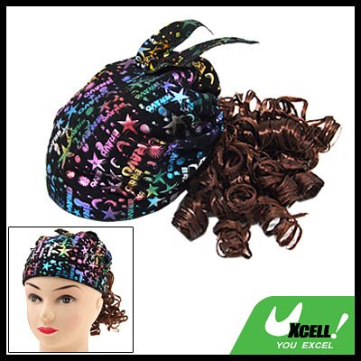 Black Cap Hat with Brown Curly Wig Hairpiece for Girls
