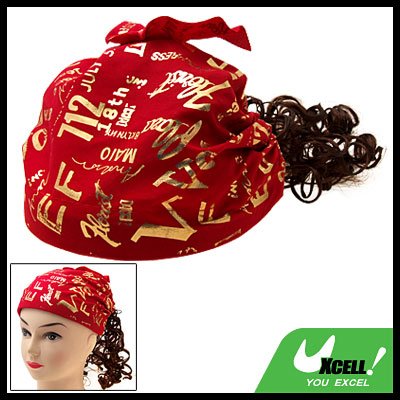 Cap Hat Bandana with Brown Curly Wig Hairpiece for Lovely Girls