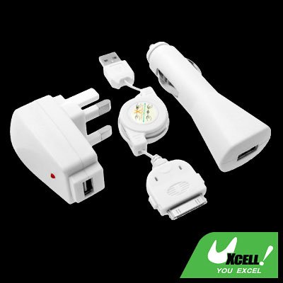 3 in 1 Travel UK Wall Charger + Car Charger Adapter + USB Sync Cable for iPod